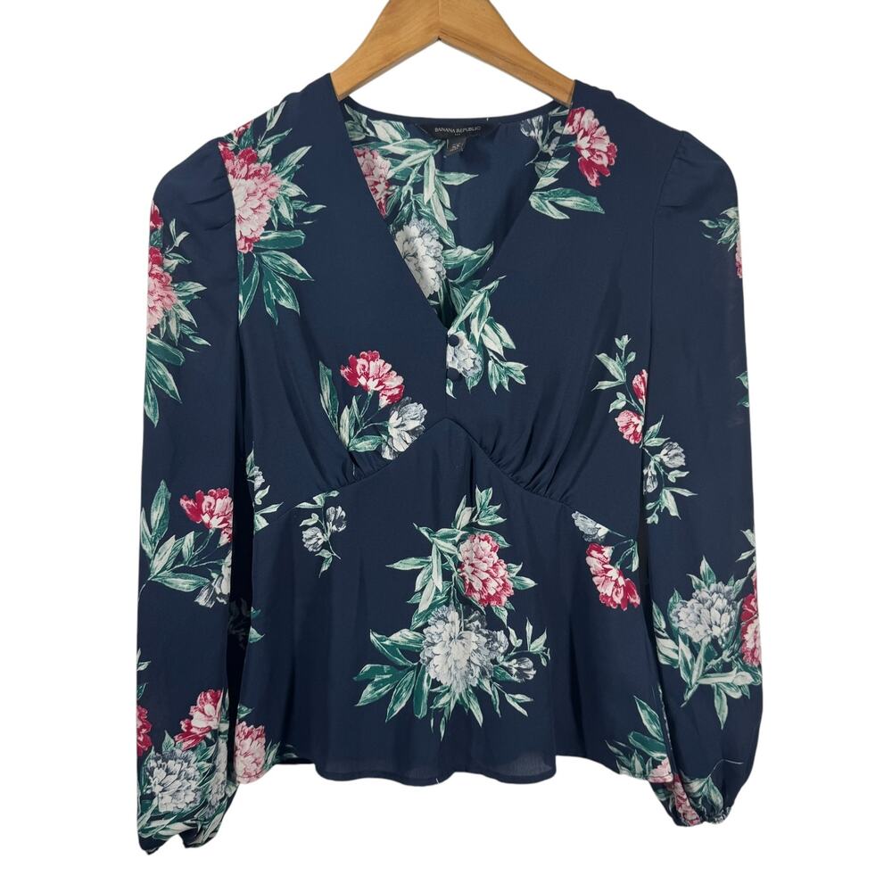Banana Republic Top Women XS P Blue Floral Empire Waist Babydoll Spring Boho